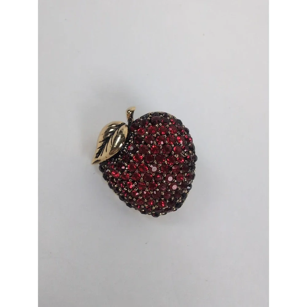 Vintage MONET Goldtone Red Apple Rhinestone Brooch Teacher Gift Pin Collectable